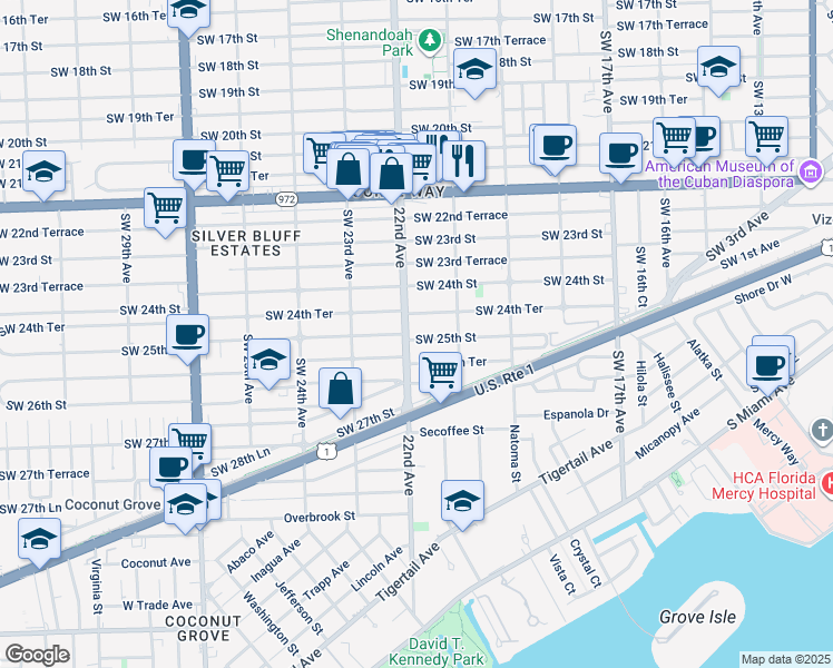 map of restaurants, bars, coffee shops, grocery stores, and more near 2187 Southwest 25th Street in Miami