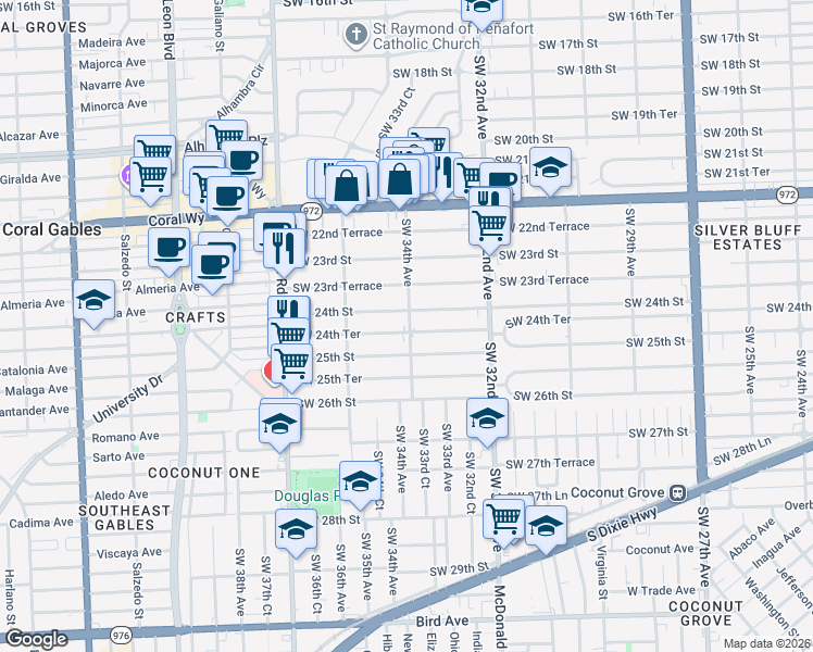 map of restaurants, bars, coffee shops, grocery stores, and more near 3430 Southwest 24th Street in Miami