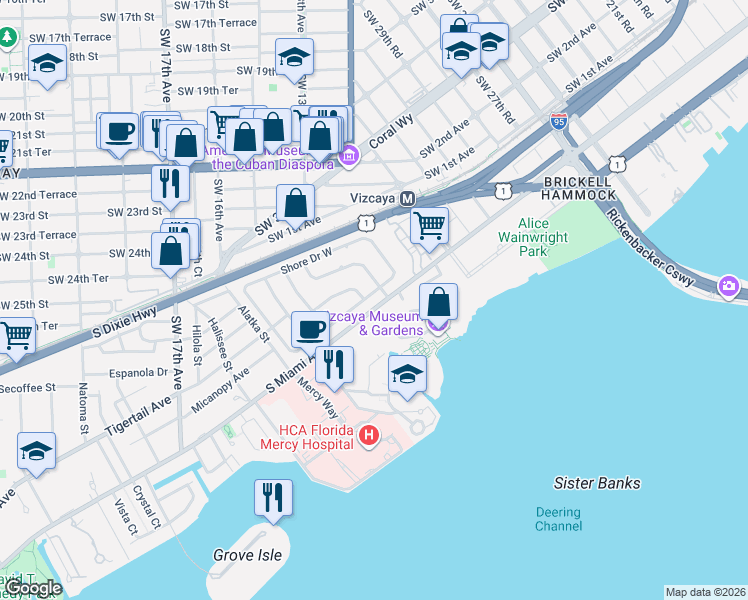 map of restaurants, bars, coffee shops, grocery stores, and more near in Miami