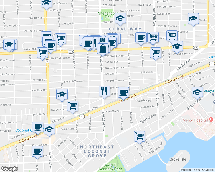 map of restaurants, bars, coffee shops, grocery stores, and more near 2171 Southwest 25th Street in Miami