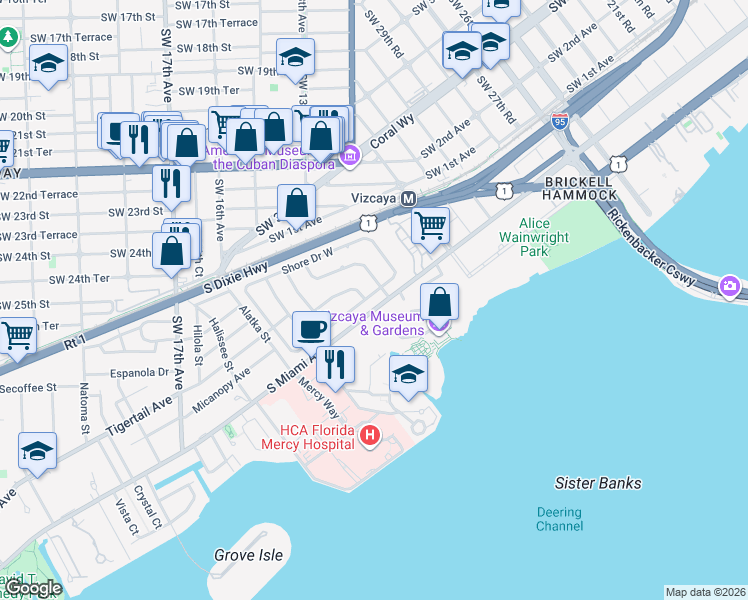 map of restaurants, bars, coffee shops, grocery stores, and more near 20 Bay Heights Drive in Miami