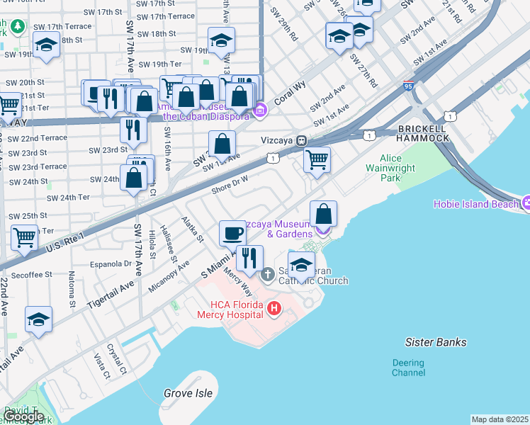 map of restaurants, bars, coffee shops, grocery stores, and more near 20 Bay Heights Drive in Miami