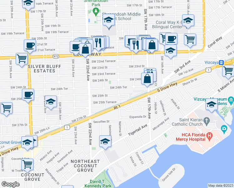 map of restaurants, bars, coffee shops, grocery stores, and more near 2440 Southwest 19th Avenue in Miami