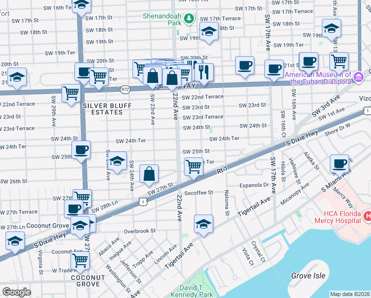 map of restaurants, bars, coffee shops, grocery stores, and more near 2171 Southwest 25th Street in Miami