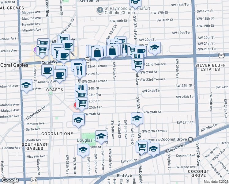 map of restaurants, bars, coffee shops, grocery stores, and more near in Miami