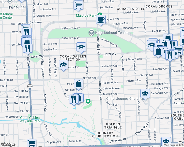map of restaurants, bars, coffee shops, grocery stores, and more near 1012 Almeria Avenue in Coral Gables