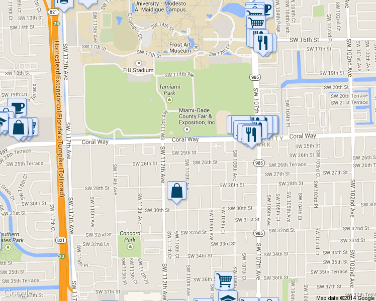 map of restaurants, bars, coffee shops, grocery stores, and more near 11055 Southwest 25th Street in Miami