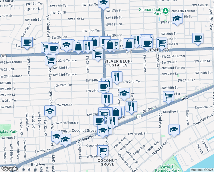 map of restaurants, bars, coffee shops, grocery stores, and more near 2455 Southwest 27th Avenue in Miami