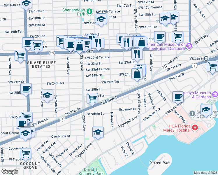 map of restaurants, bars, coffee shops, grocery stores, and more near 2440 Southwest 19th Avenue in Miami