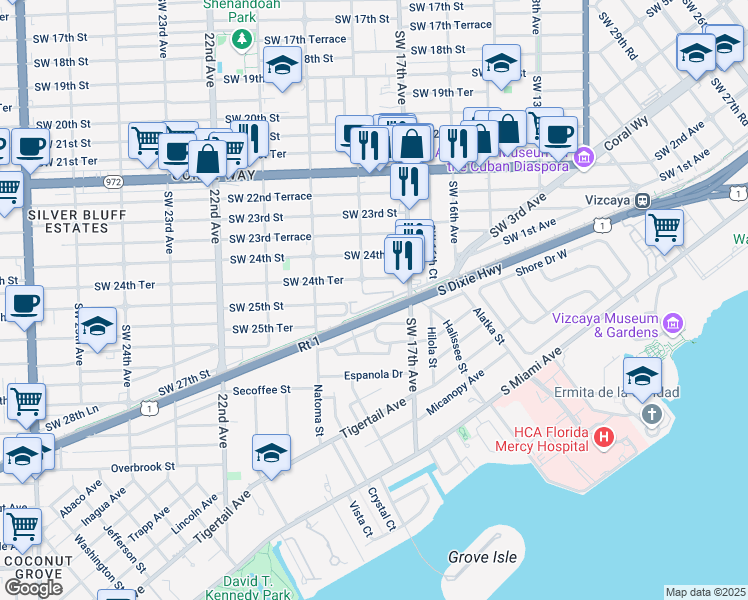 map of restaurants, bars, coffee shops, grocery stores, and more near 1760 Southwest 24th Terrace in Miami