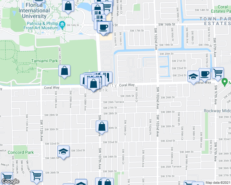 map of restaurants, bars, coffee shops, grocery stores, and more near 2500 Southwest 105th Avenue in Miami