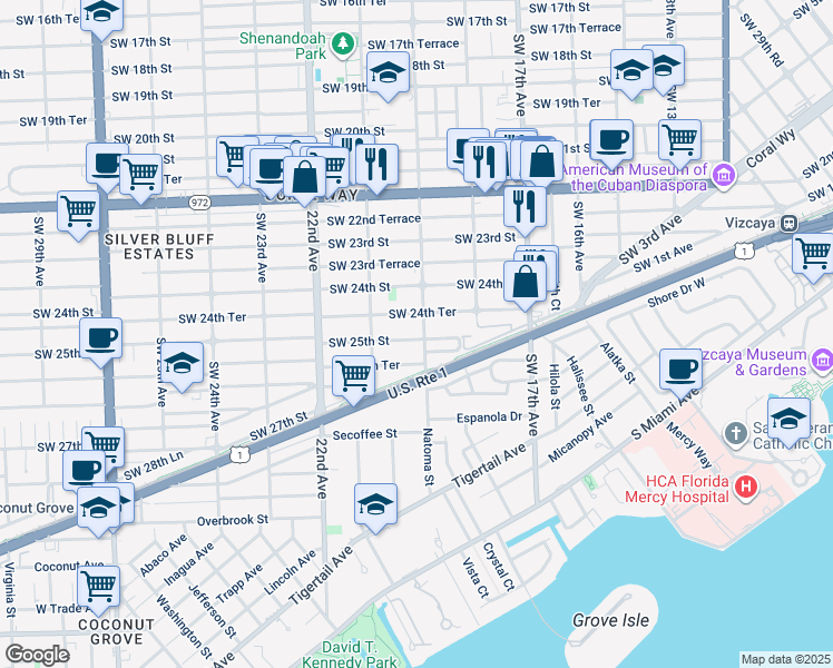 map of restaurants, bars, coffee shops, grocery stores, and more near 2440 Southwest 19th Avenue in Miami
