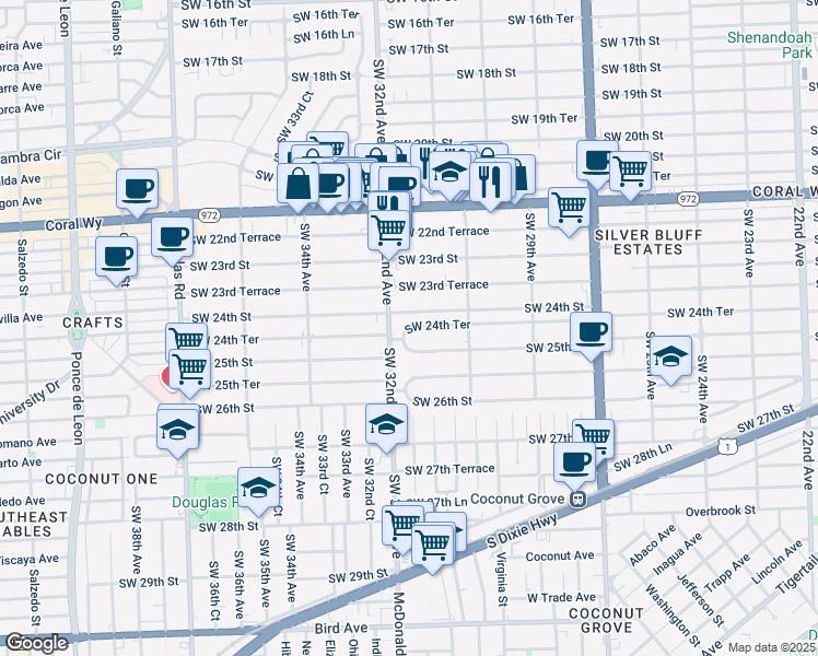 map of restaurants, bars, coffee shops, grocery stores, and more near 3183 Southwest 24th Terrace in Miami