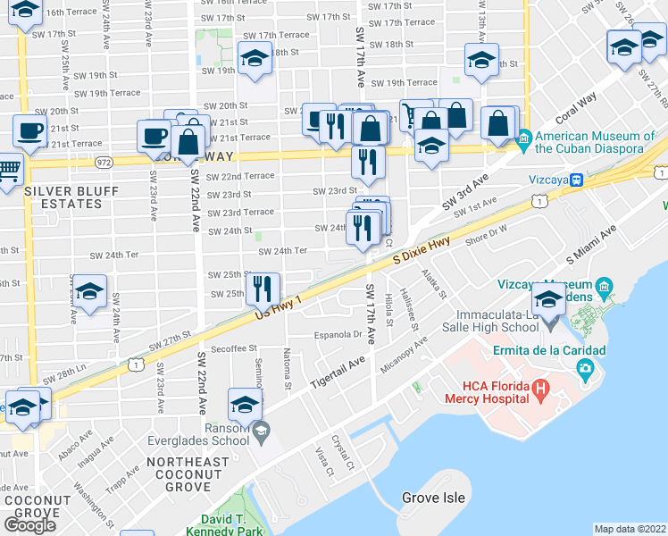 map of restaurants, bars, coffee shops, grocery stores, and more near 1760 Southwest 24th Terrace in Miami