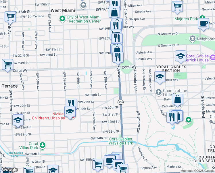 map of restaurants, bars, coffee shops, grocery stores, and more near 5785 Southwest 27th Street in Miami