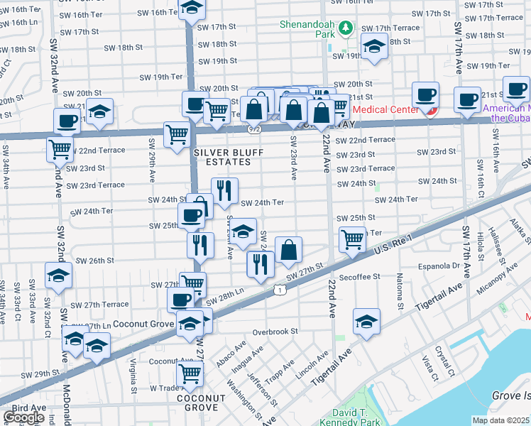 map of restaurants, bars, coffee shops, grocery stores, and more near 2425 Southwest 24th Avenue in Miami