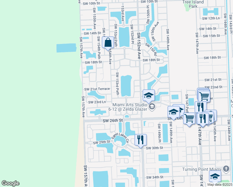 map of restaurants, bars, coffee shops, grocery stores, and more near 15378 Southwest 153rd Path in Miami
