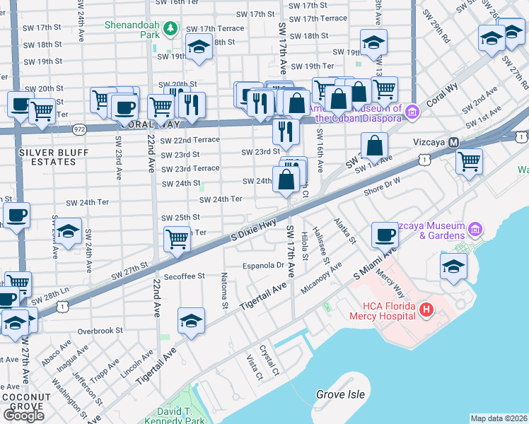 map of restaurants, bars, coffee shops, grocery stores, and more near 1760 Southwest 24th Terrace in Miami