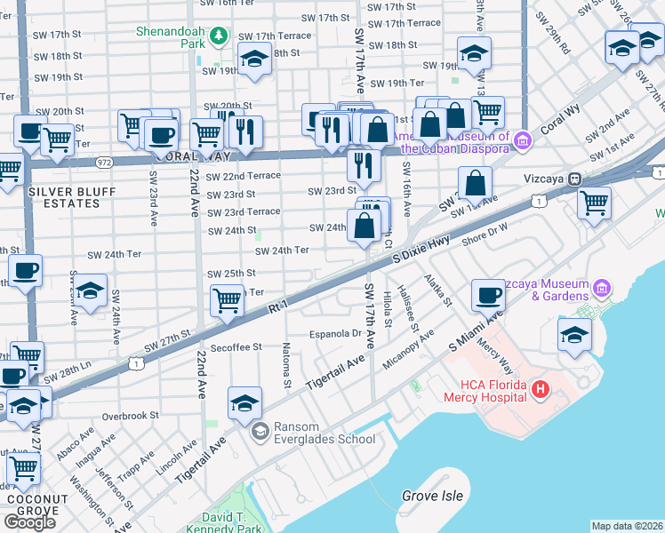 map of restaurants, bars, coffee shops, grocery stores, and more near 1760 Southwest 24th Terrace in Miami