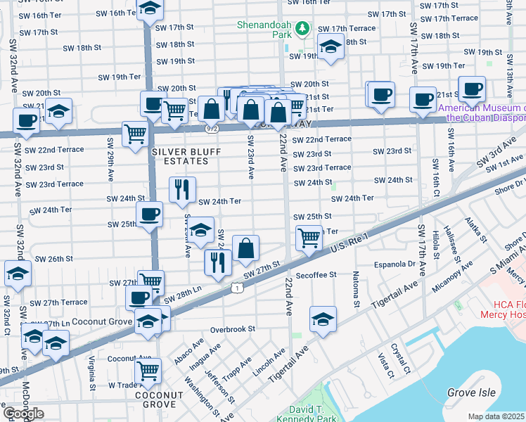 map of restaurants, bars, coffee shops, grocery stores, and more near 2295 Southwest 25th Street in Miami