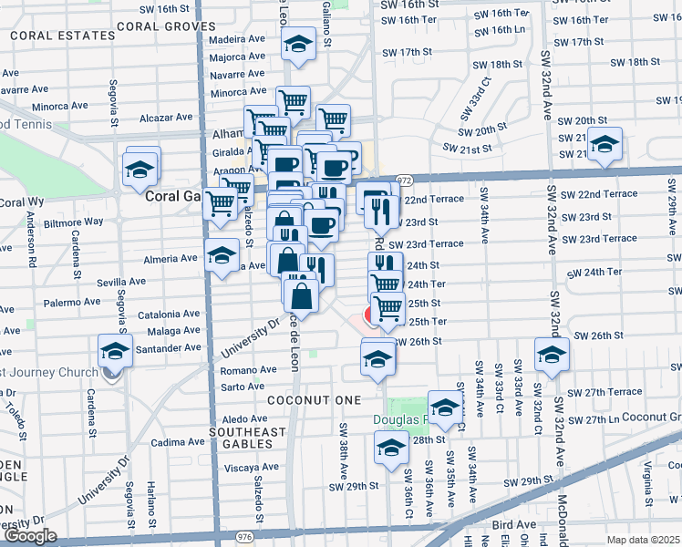 map of restaurants, bars, coffee shops, grocery stores, and more near 39 Palermo Avenue in Coral Gables
