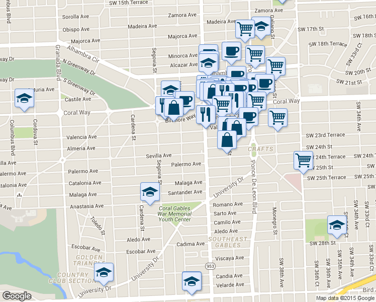 map of restaurants, bars, coffee shops, grocery stores, and more near 421 Sevilla Avenue in Coral Gables