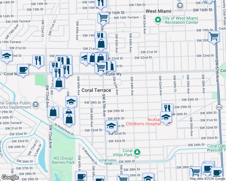 map of restaurants, bars, coffee shops, grocery stores, and more near 6540 Southwest 26th Street in Miami