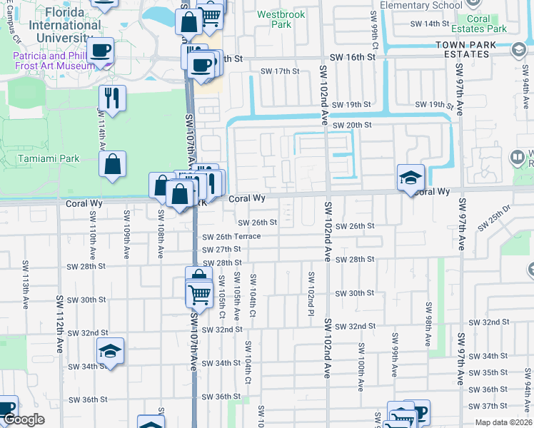 map of restaurants, bars, coffee shops, grocery stores, and more near 10430 Southwest 25th Street in Miami