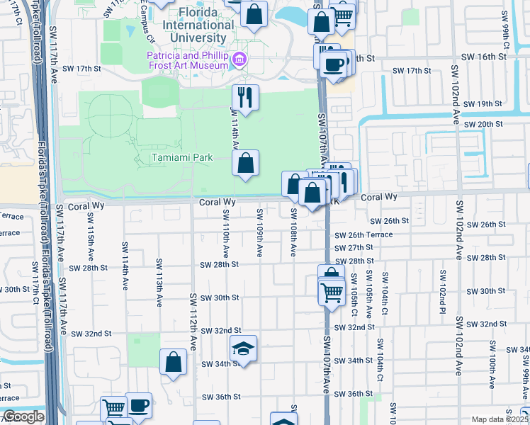 map of restaurants, bars, coffee shops, grocery stores, and more near 2460 Southwest 108th Place in Miami