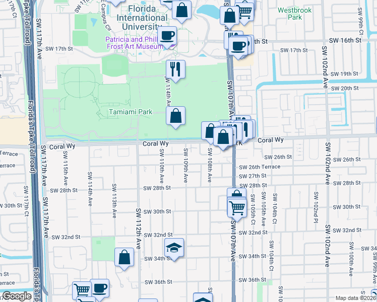 map of restaurants, bars, coffee shops, grocery stores, and more near 2460 Southwest 108th Place in Miami