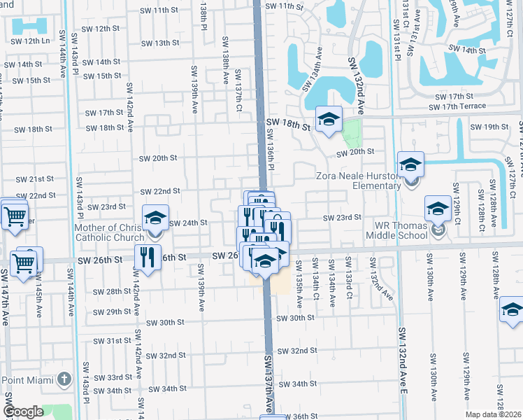 map of restaurants, bars, coffee shops, grocery stores, and more near 13707 Southwest 23rd Terrace in Miami