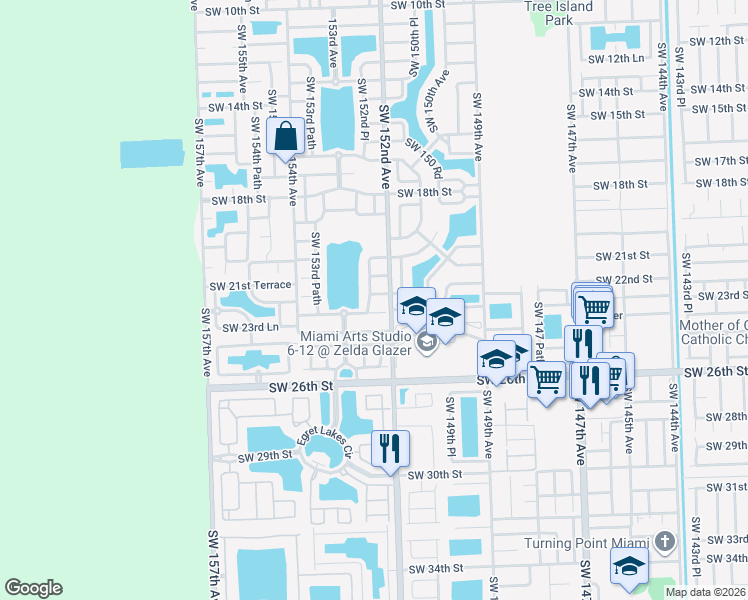 map of restaurants, bars, coffee shops, grocery stores, and more near 15208 Southwest 22nd Terrace in Miami