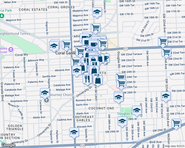 map of restaurants, bars, coffee shops, grocery stores, and more near 2800 Ponce de Leon in Coral Gables