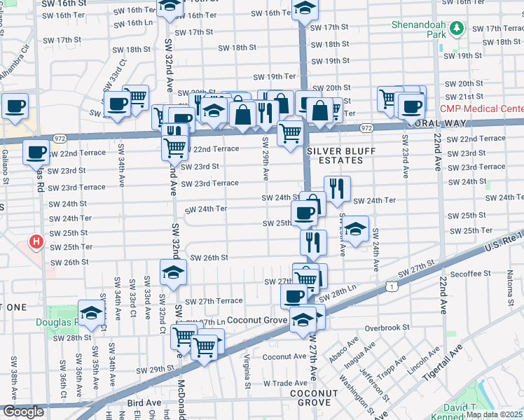 map of restaurants, bars, coffee shops, grocery stores, and more near 2920 Southwest 24th Terrace in Miami