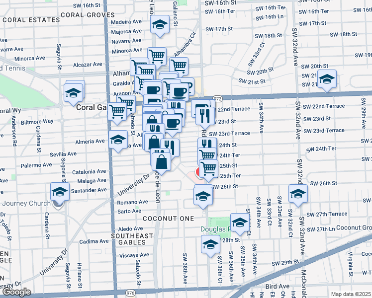 map of restaurants, bars, coffee shops, grocery stores, and more near 39 Palermo Avenue in Coral Gables