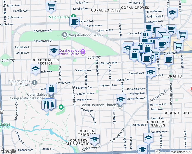 map of restaurants, bars, coffee shops, grocery stores, and more near 2700 Anderson Road in Coral Gables