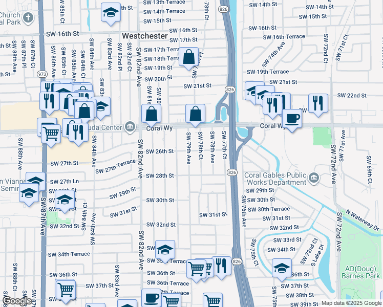 map of restaurants, bars, coffee shops, grocery stores, and more near 2601 Southwest 79th Avenue in Miami
