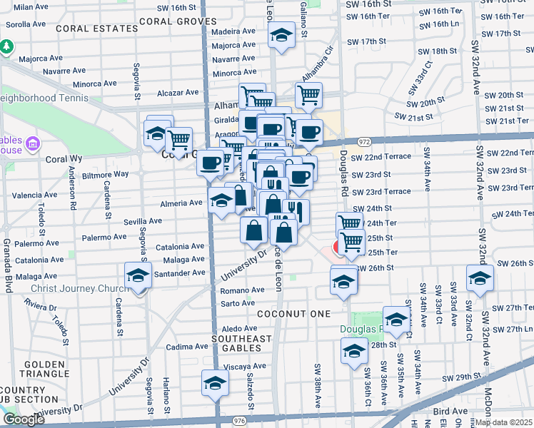 map of restaurants, bars, coffee shops, grocery stores, and more near 2800 Ponce de Leon in Coral Gables