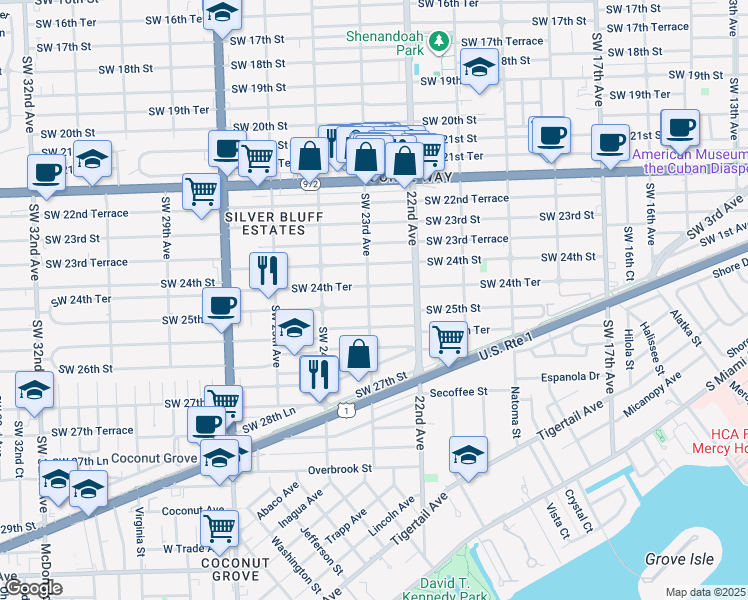 map of restaurants, bars, coffee shops, grocery stores, and more near 2295 Southwest 25th Street in Miami