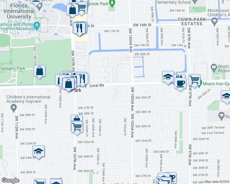 map of restaurants, bars, coffee shops, grocery stores, and more near 10300 Coral Way in Miami