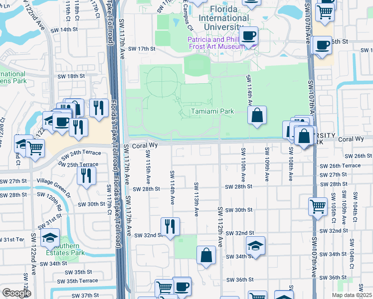 map of restaurants, bars, coffee shops, grocery stores, and more near 11300 Southwest 24th Terrace in Miami