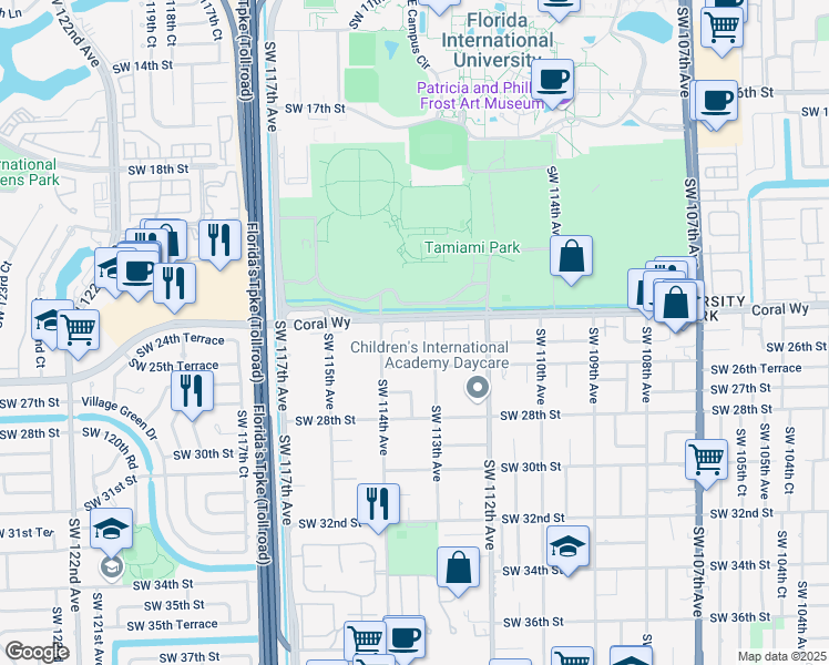 map of restaurants, bars, coffee shops, grocery stores, and more near 11300 Southwest 24th Terrace in Miami