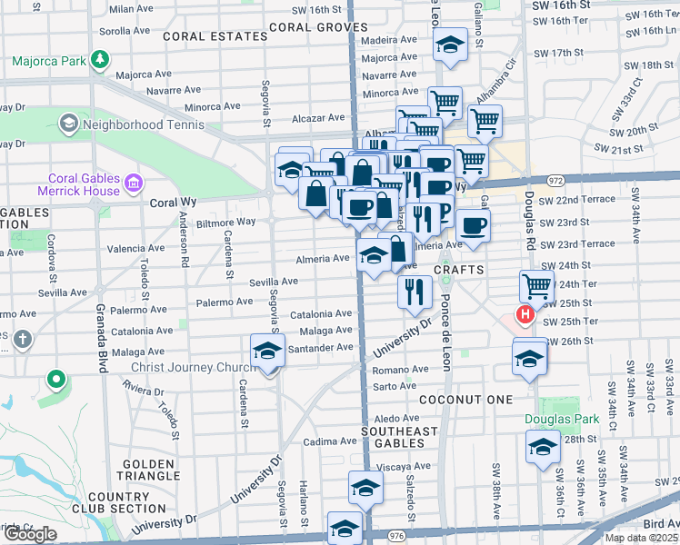 map of restaurants, bars, coffee shops, grocery stores, and more near 421 Sevilla Avenue in Coral Gables