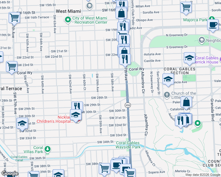 map of restaurants, bars, coffee shops, grocery stores, and more near 5785 Southwest 27th Street in Miami