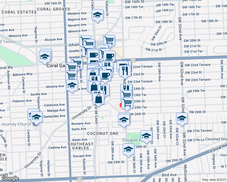 map of restaurants, bars, coffee shops, grocery stores, and more near 39 Palermo Avenue in Coral Gables