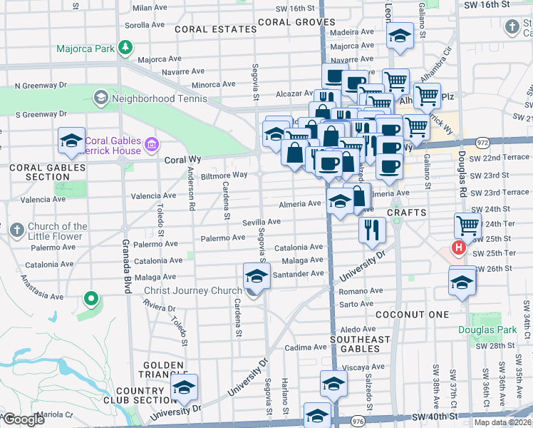 map of restaurants, bars, coffee shops, grocery stores, and more near 2711 Segovia Street in Coral Gables