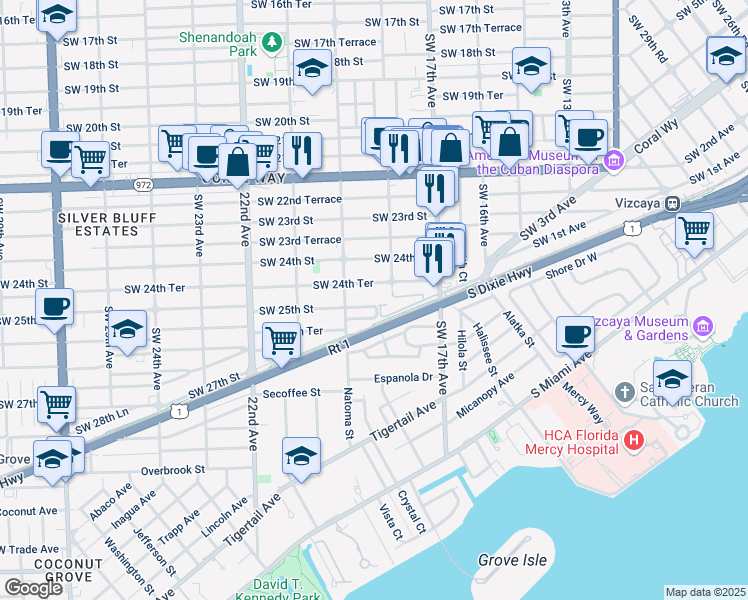 map of restaurants, bars, coffee shops, grocery stores, and more near 1837 Southwest 25th Street in Miami
