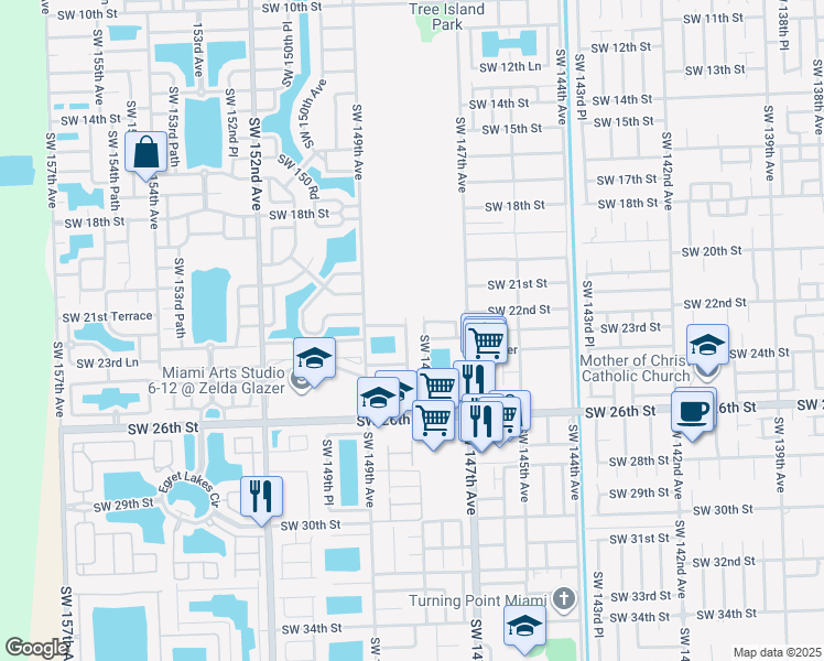 map of restaurants, bars, coffee shops, grocery stores, and more near 2249 Southwest 148th Court in Miami