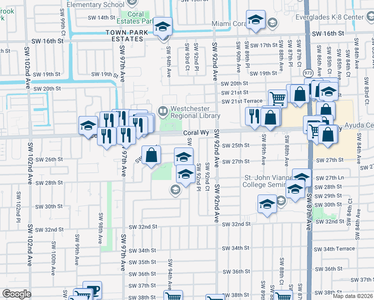 map of restaurants, bars, coffee shops, grocery stores, and more near 2511 Southwest 93rd Court in Miami