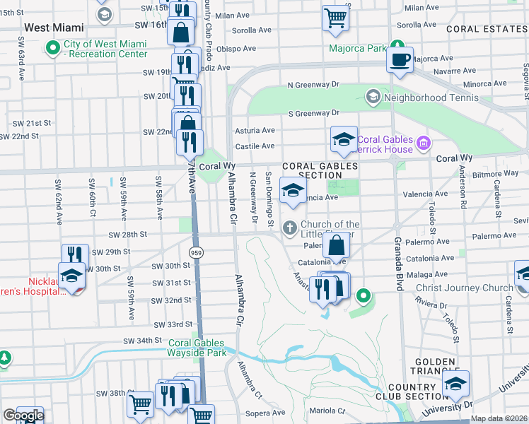 map of restaurants, bars, coffee shops, grocery stores, and more near 2618 San Domingo Street in Coral Gables